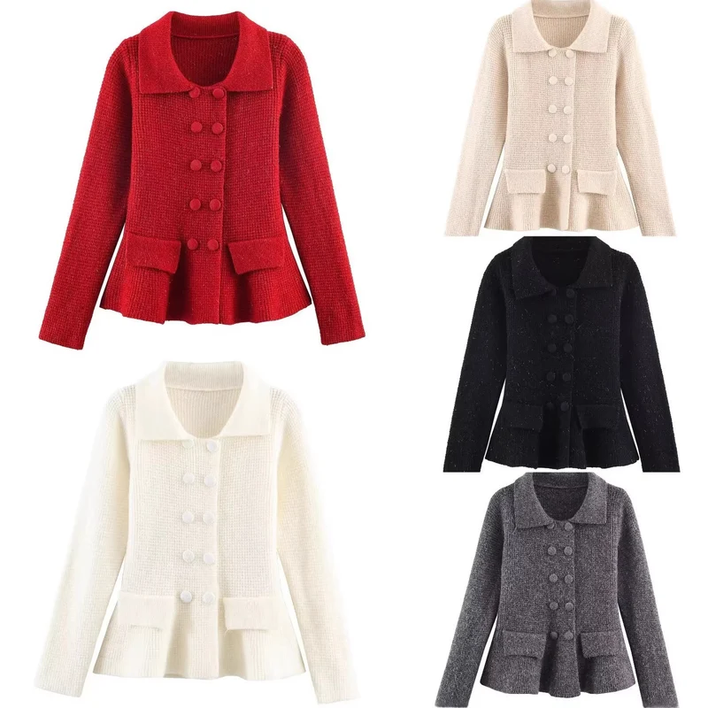 Damen Strukturierte Strickjacke mit Doppelreiher, taillenbetontem Peplum und Pattentaschen Nord Taschen