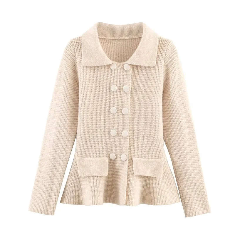 Damen Strukturierte Strickjacke mit Doppelreiher, taillenbetontem Peplum und Pattentaschen Nord Taschen