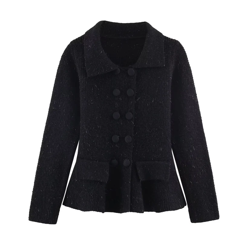 Damen Strukturierte Strickjacke mit Doppelreiher, taillenbetontem Peplum und Pattentaschen Nord Taschen