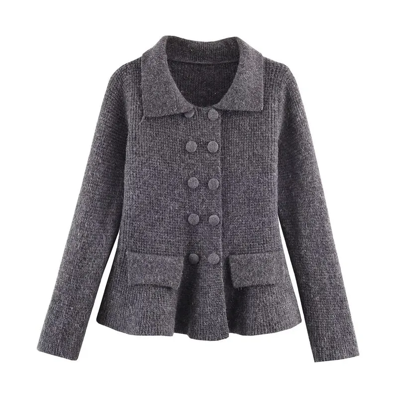 Damen Strukturierte Strickjacke mit Doppelreiher, taillenbetontem Peplum und Pattentaschen Nord Taschen