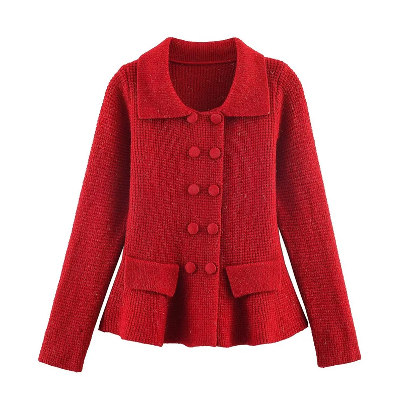 Damen Strukturierte Strickjacke mit Doppelreiher, taillenbetontem Peplum und Pattentaschen Nord Taschen