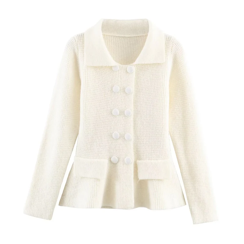 Damen Strukturierte Strickjacke mit Doppelreiher, taillenbetontem Peplum und Pattentaschen Nord Taschen