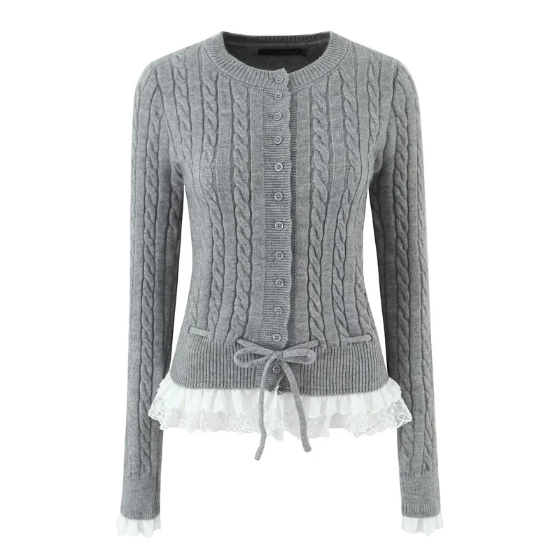 Damen Strickjacke mit Zopfmuster, Knopfleiste und Spitzenvolant Nord Taschen