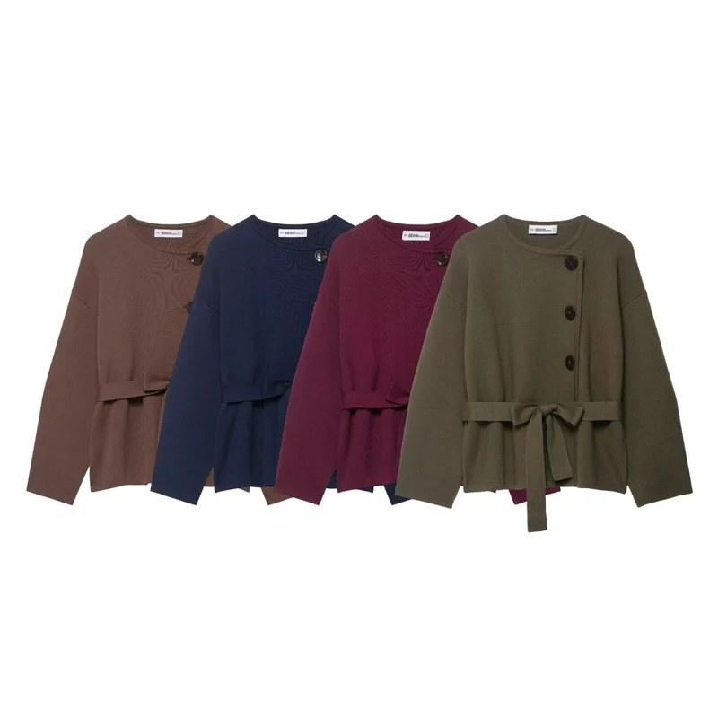 Damen Strickjacke mit asymmetrischer Knopfblende und Taillengürtel Nord Taschen