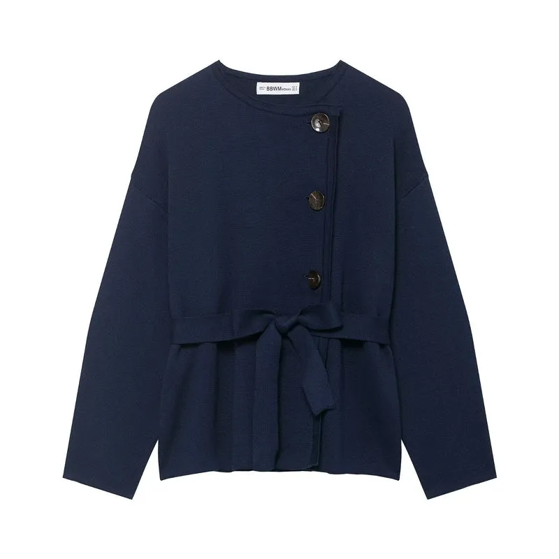 Damen Strickjacke mit asymmetrischer Knopfblende und Taillengürtel Nord Taschen
