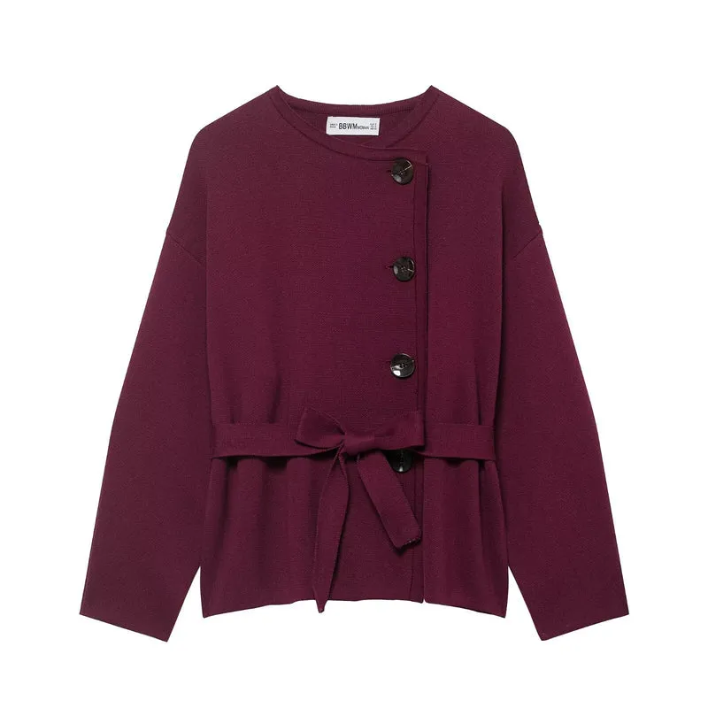 Damen Strickjacke mit asymmetrischer Knopfblende und Taillengürtel Nord Taschen