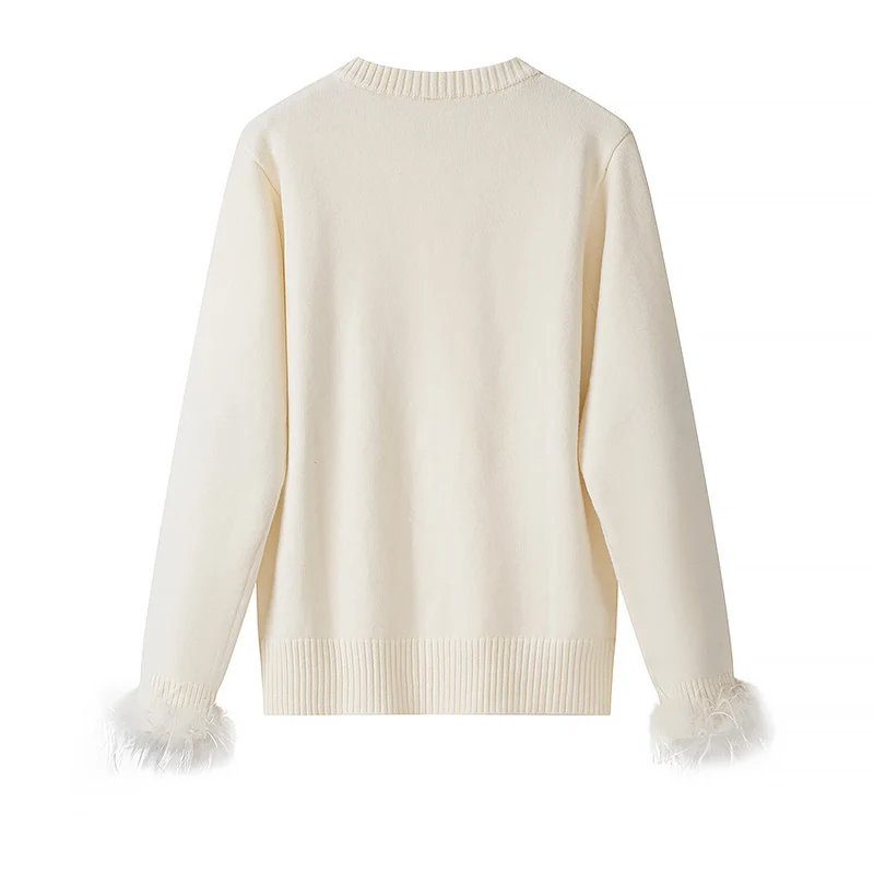 Damen Strickcardigan mit Perlenknöpfen und federbesetzten Ärmelbündchen Nord Taschen