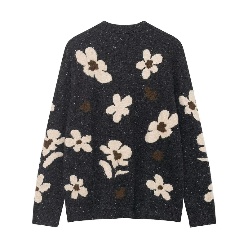 Damen Strickcardigan mit Leopardenjacquard, perlenverzierten Zierknöpfen und kurzem Saum Nord Taschen