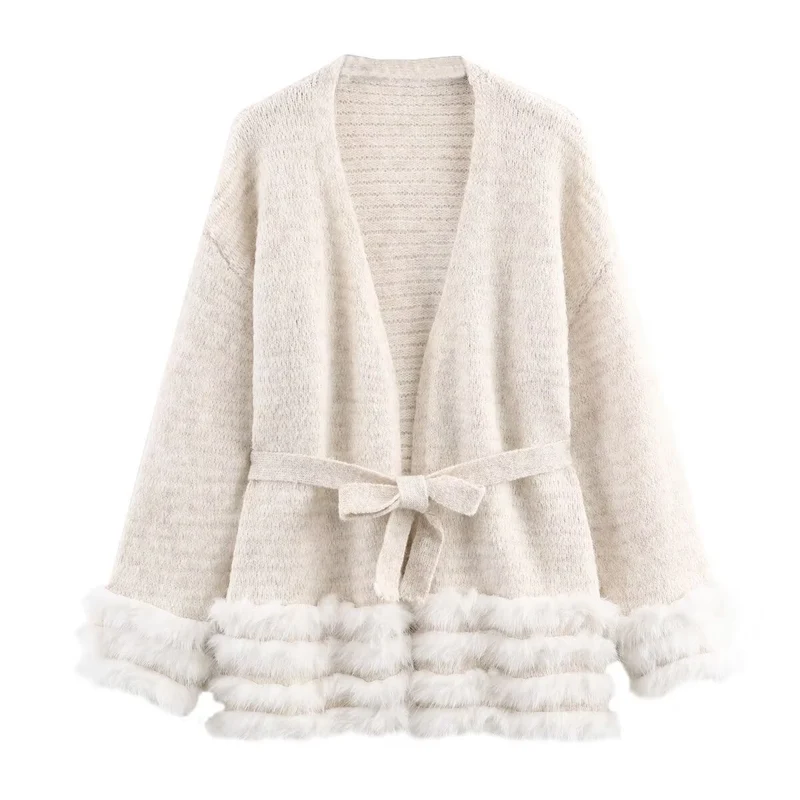 Damen Strick-Cardigan mit Bindegürtel und Faux-Fur-Besatz Nord Taschen
