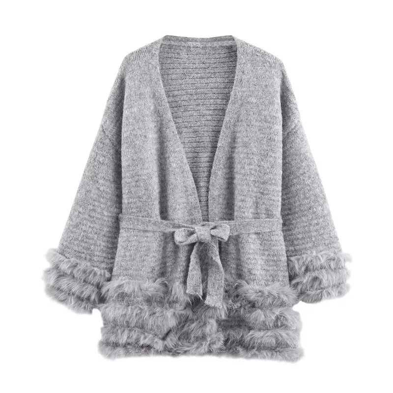 Damen Strick-Cardigan mit Bindegürtel und Faux-Fur-Besatz Nord Taschen