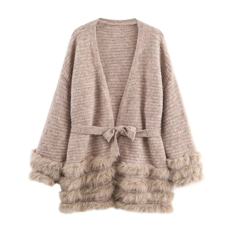 Damen Strick-Cardigan mit Bindegürtel und Faux-Fur-Besatz Nord Taschen