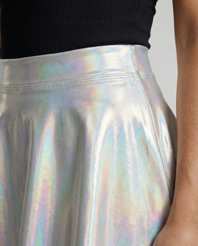 Damen Provokante Holografischer Glanz PVC Micro-Tellerrock