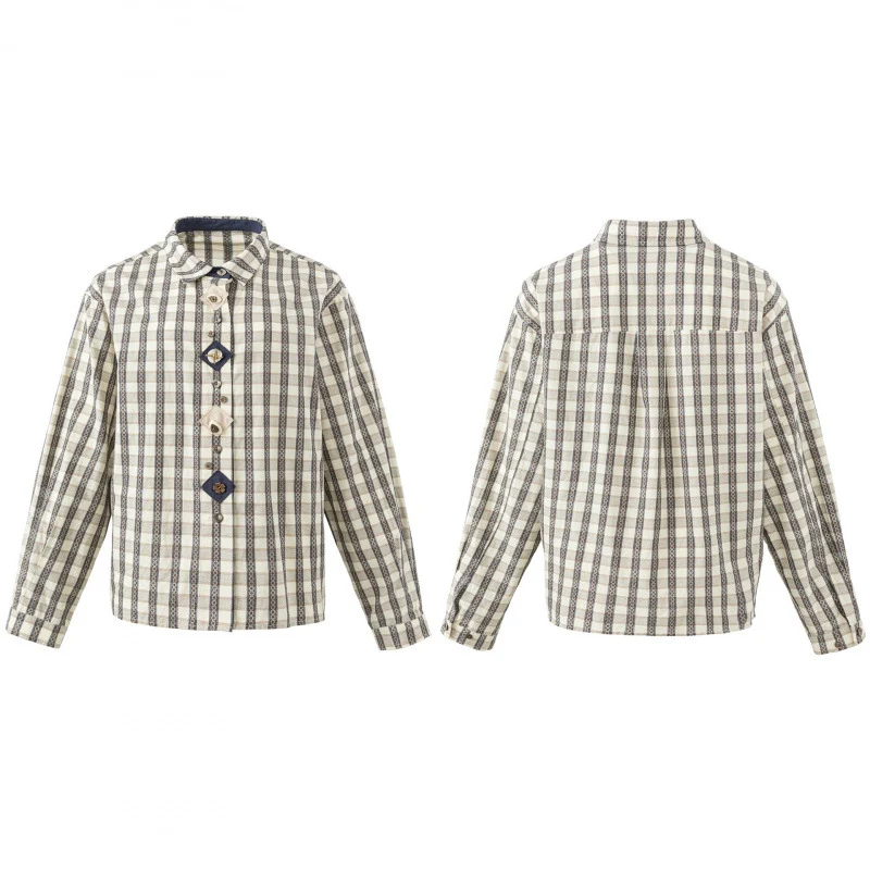 Damen Kastige Hemdjacke mit geometrischem Karomuster und dekorativer Knopfleiste Nord Taschen