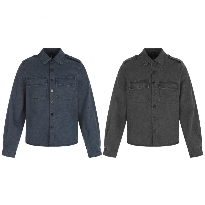 Damen Kastenförmige Overshirt-Jacke aus Denim mit Schulterklappen und aufgesetzten Brusttaschen Nord Taschen