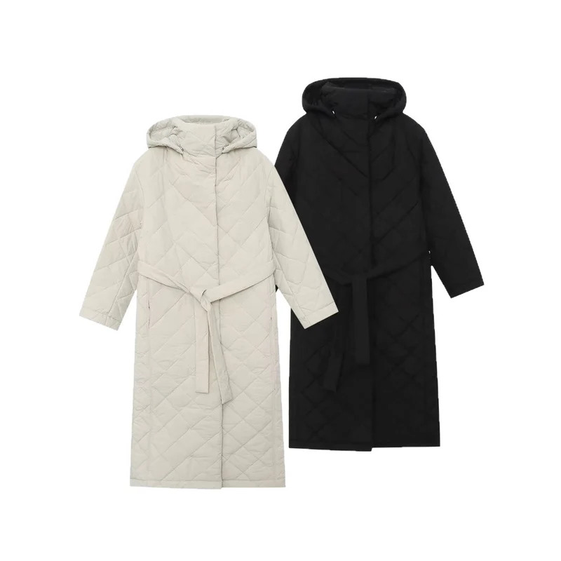 Damen Steppmantel mit Kapuze, Taillengürtel und Rautensteppung Nord Taschen