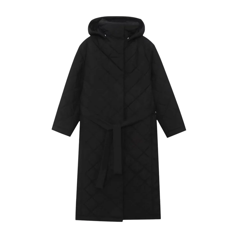 Damen Steppmantel mit Kapuze, Taillengürtel und Rautensteppung Nord Taschen