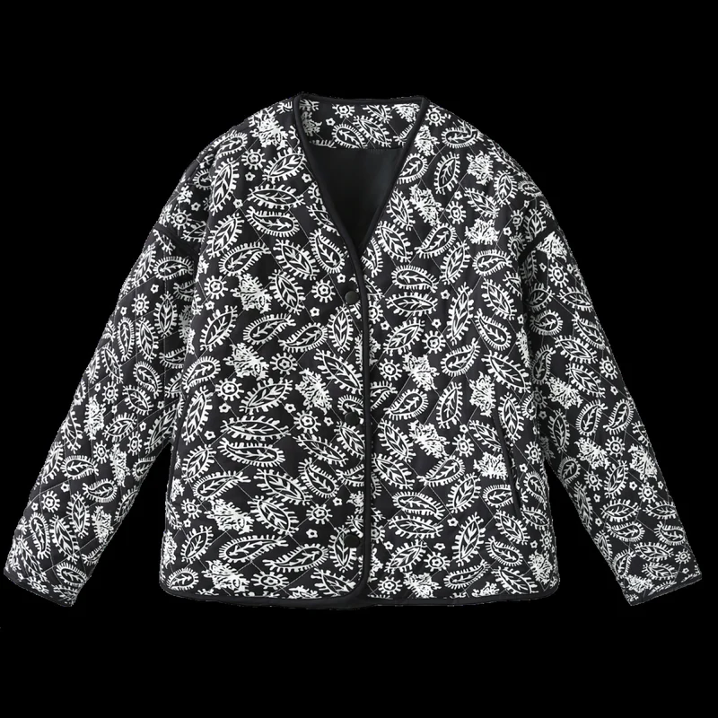 Damen Steppjacke mit Paisley‑Muster, V‑Ausschnitt und kontrastierender Paspelierung Nord Taschen