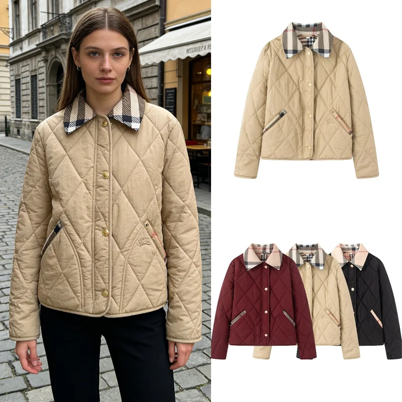 Damen Steppjacke mit karierter Kragen- und Taschenblende Nord Taschen
