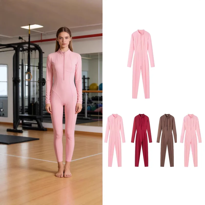 Damen Slim-Fit einteiliger Catsuit mit Reißverschluss und hohem Kragen Nord Taschen