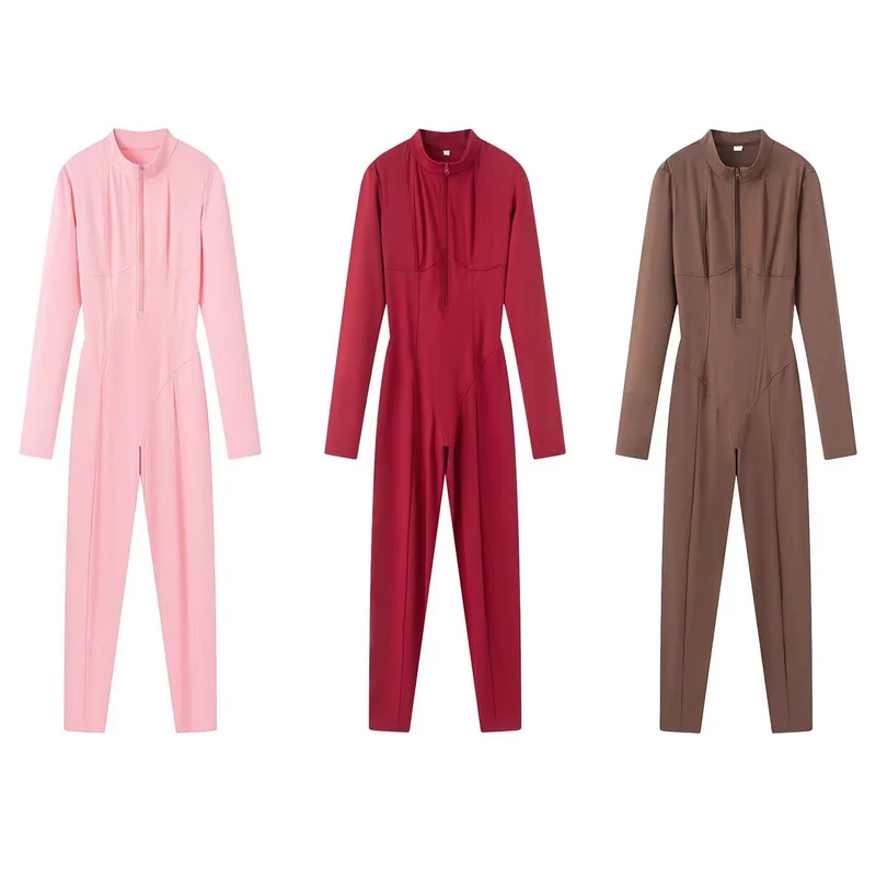 Damen Slim-Fit einteiliger Catsuit mit Reißverschluss und hohem Kragen Nord Taschen