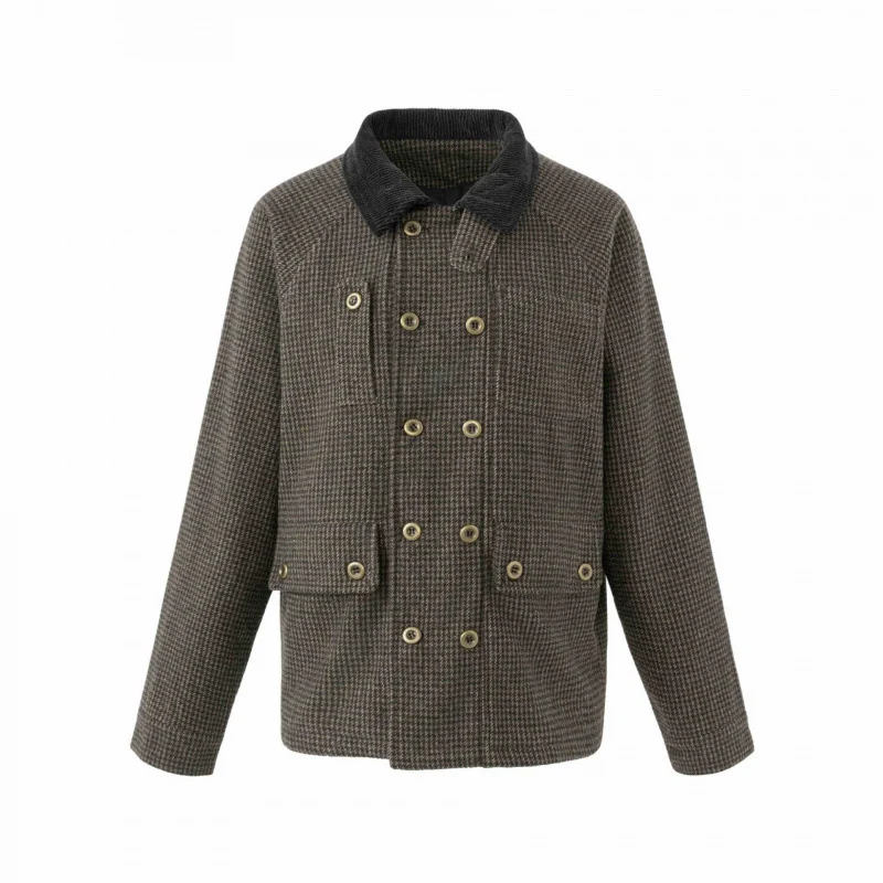 Herren Doppelreihige Wollmix-Fieldjacke im Hahnentritt mit Cordkragen und Pattentaschen Nord Taschen