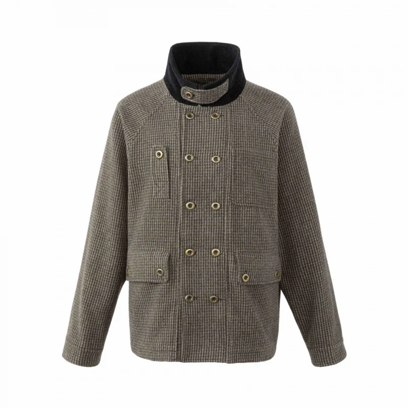 Herren Doppelreihige Wollmix-Fieldjacke im Hahnentritt mit Cordkragen und Pattentaschen Nord Taschen