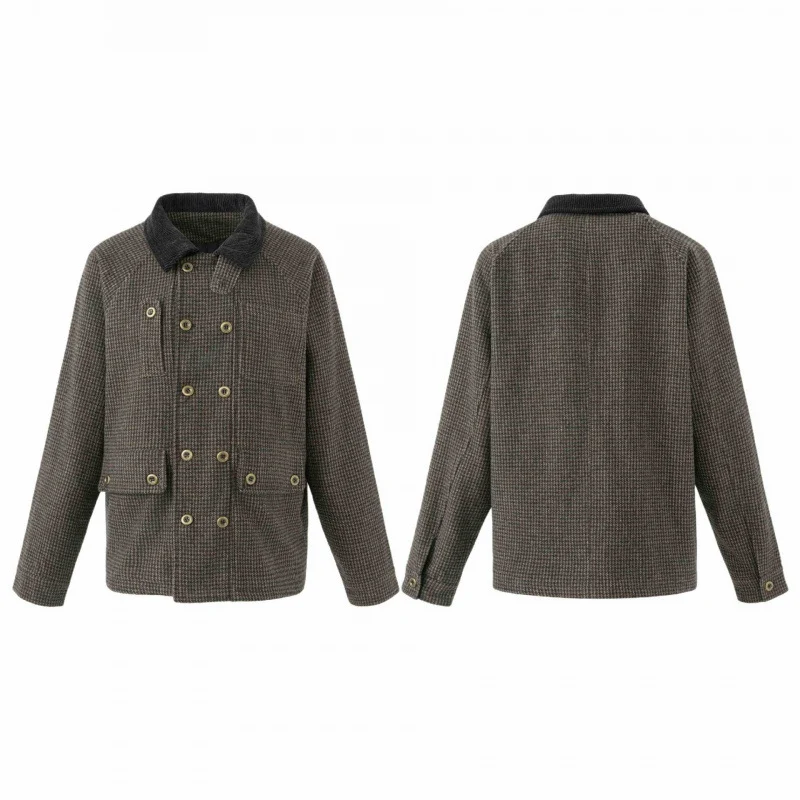 Herren Doppelreihige Wollmix-Fieldjacke im Hahnentritt mit Cordkragen und Pattentaschen Nord Taschen