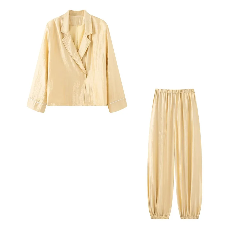 Damen Zweiteiliges Satin-Pyjama-Set mit Blazer-Oberteil und elastischer Bundhose Nord Taschen