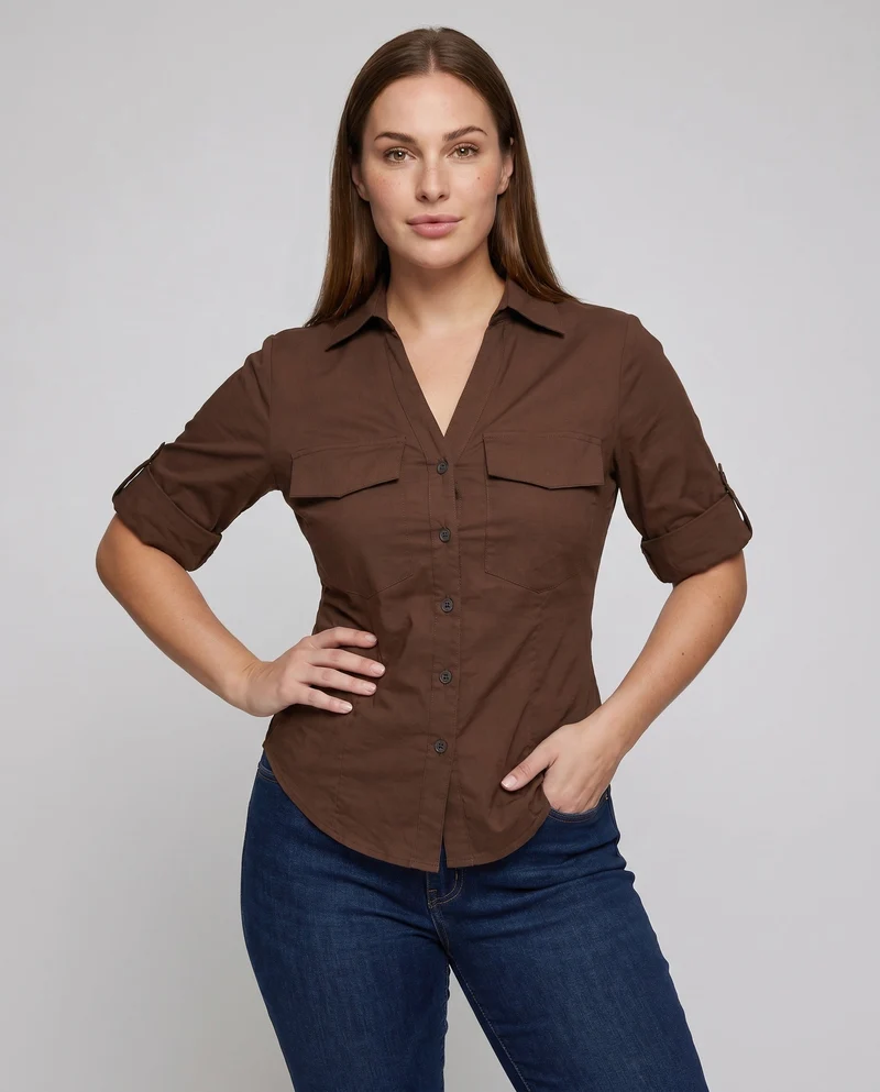 Damen Elegante Bluse mit umschlagbaren Ärmeln und taillierter Schnitt