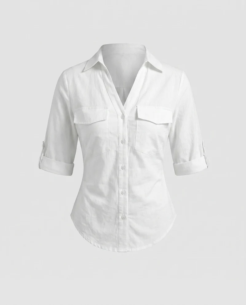 Damen Elegante Bluse mit umschlagbaren Ärmeln und taillierter Schnitt