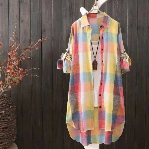 Damen Karo-Hemdbluse im lässigen Oversized-Schnitt mit langen Ärmeln und umschlagbaren Ärmeln