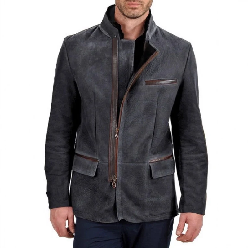 Herren Veloursleder-Fieldjacke im Fliegerstil mit Stehkragen, asymmetrischem beidseitig öffnendem Reißverschluss und kontrastierenden Lederbesätzen Nord Taschen
