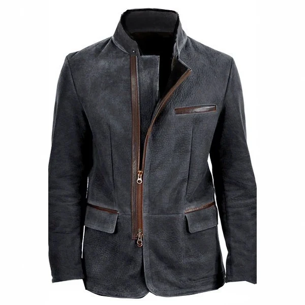 Herren Veloursleder-Fieldjacke im Fliegerstil mit Stehkragen, asymmetrischem beidseitig öffnendem Reißverschluss und kontrastierenden Lederbesätzen Nord Taschen