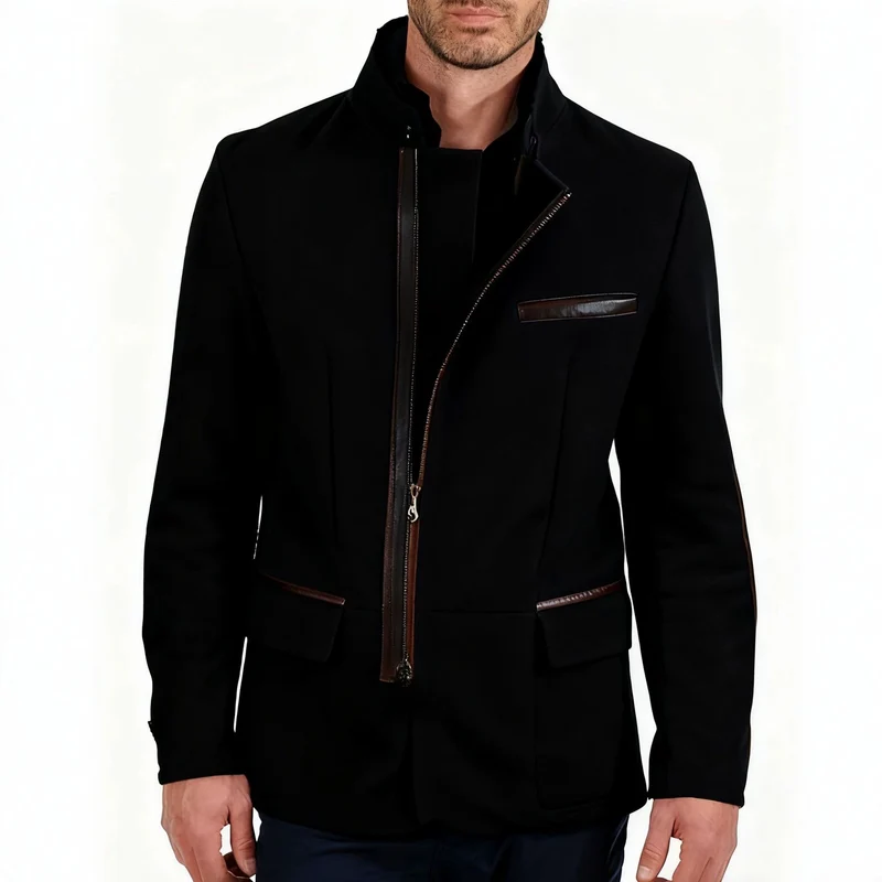 Herren Veloursleder-Fieldjacke im Fliegerstil mit Stehkragen, asymmetrischem beidseitig öffnendem Reißverschluss und kontrastierenden Lederbesätzen Nord Taschen