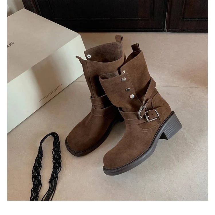 Damen Veloursleder-Bikerstiefel mit Schnallen und mittlerem Blockabsatz Nord Taschen