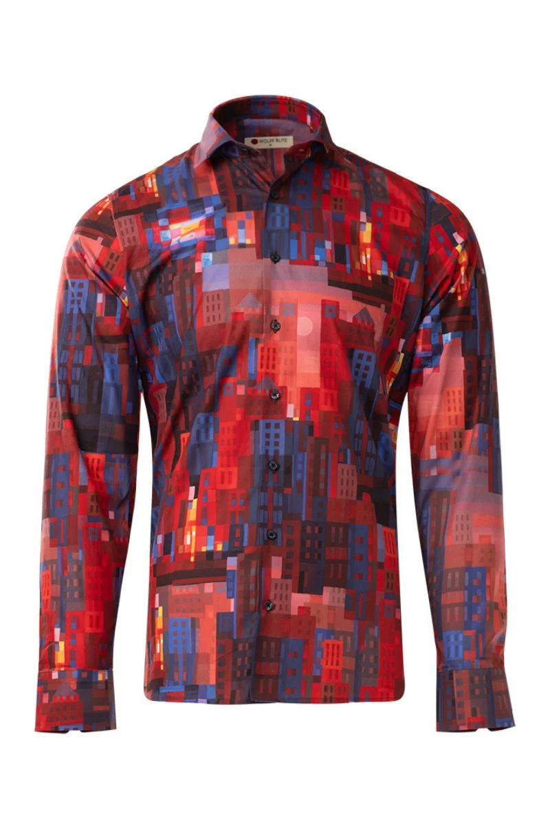 Red Skyline Ton Schulten Print Long Sleeve Shirt for Men