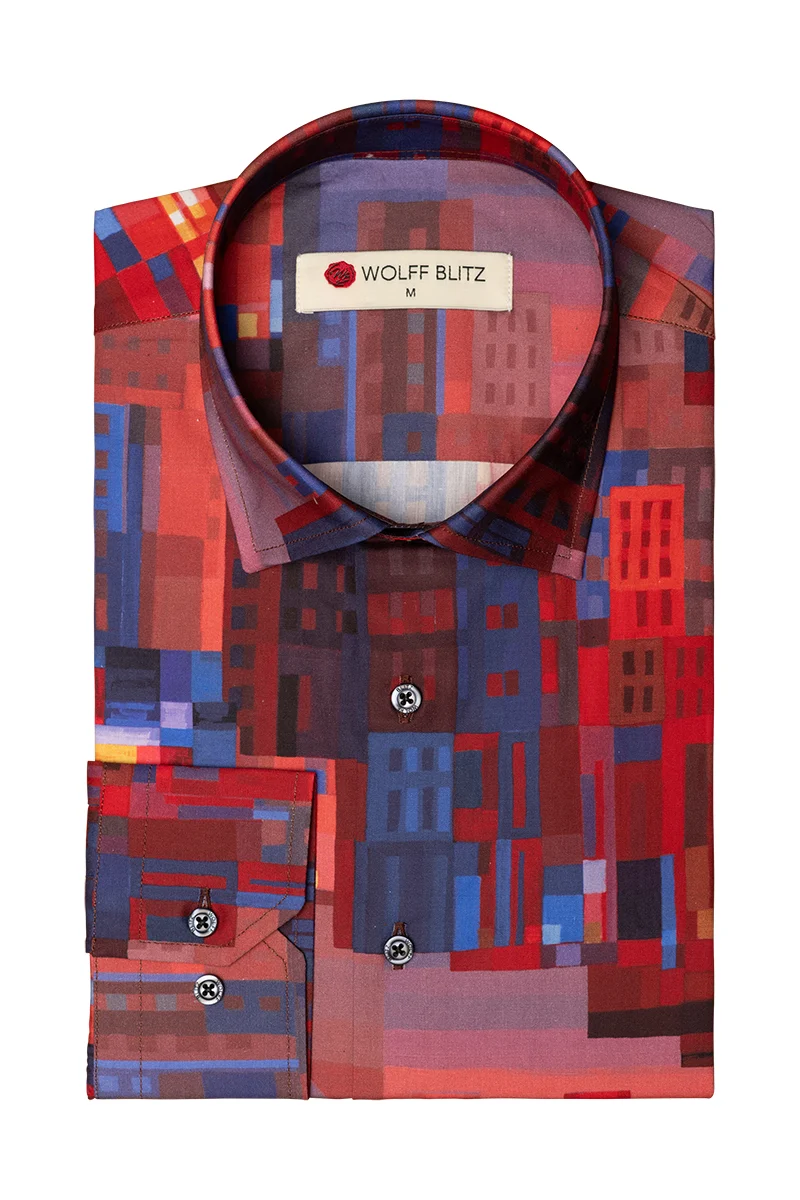 Red Skyline Ton Schulten Print Long Sleeve Shirt for Men