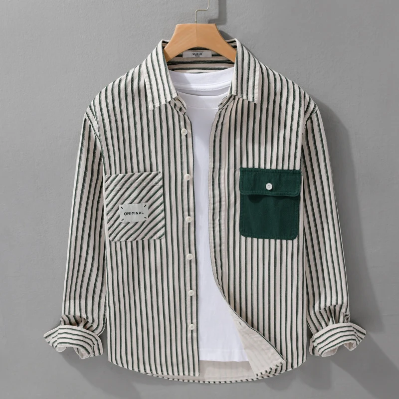 Herren Gestreiftes Overshirt mit Kontrast-Brusttaschen und Kentkragen aus Baumwollmix Nord Taschen