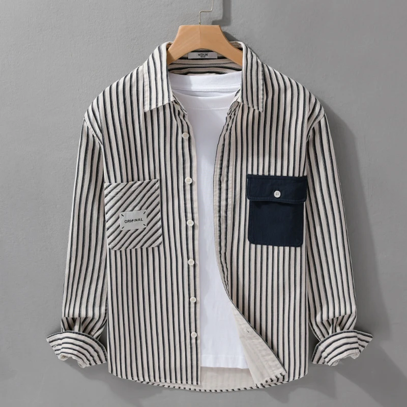 Herren Gestreiftes Overshirt mit Kontrast-Brusttaschen und Kentkragen aus Baumwollmix Nord Taschen