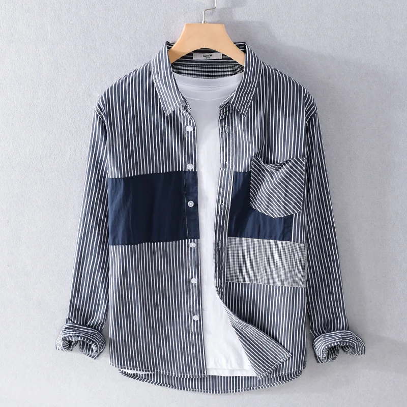 Herren Gestreiftes Overshirt mit Farbblock‑Einsätzen und aufgesetzter Brusttasche Nord Taschen