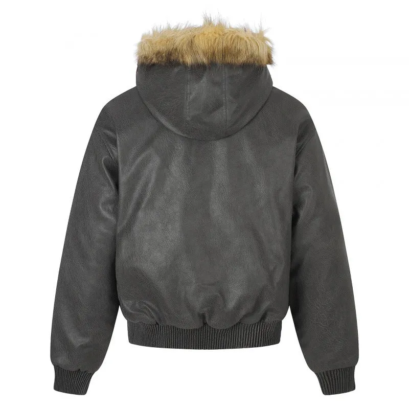 Damen Kapuzenjacke im Lederoptik mit Nietenbesatz, Kunstfellkragen und geripptem Saum Nord Taschen