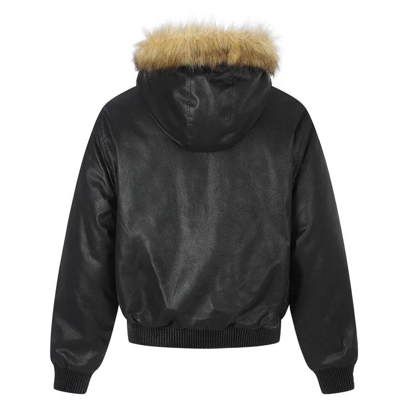 Damen Kapuzenjacke im Lederoptik mit Nietenbesatz, Kunstfellkragen und geripptem Saum Nord Taschen