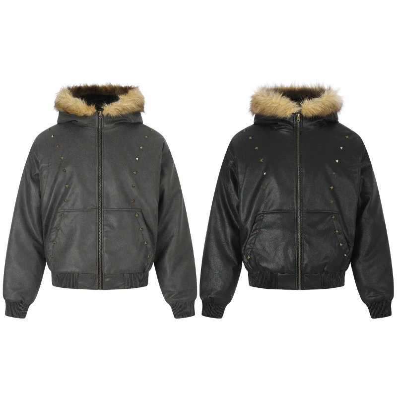 Damen Kapuzenjacke im Lederoptik mit Nietenbesatz, Kunstfellkragen und geripptem Saum Nord Taschen