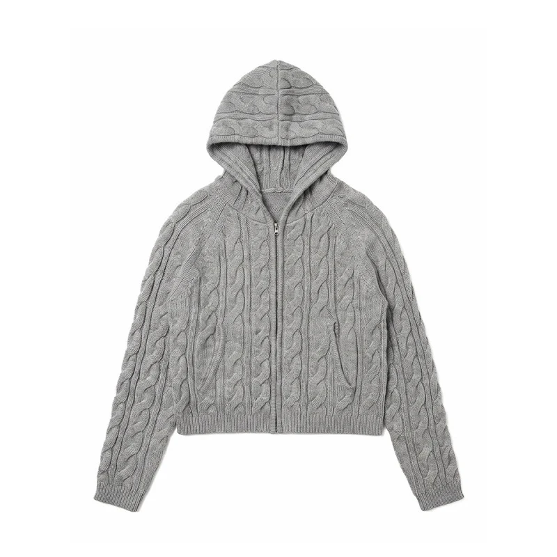 Damen Kapuzen-Zopfstrick-Cardigan mit Reißverschluss und Raglanärmeln Nord Taschen