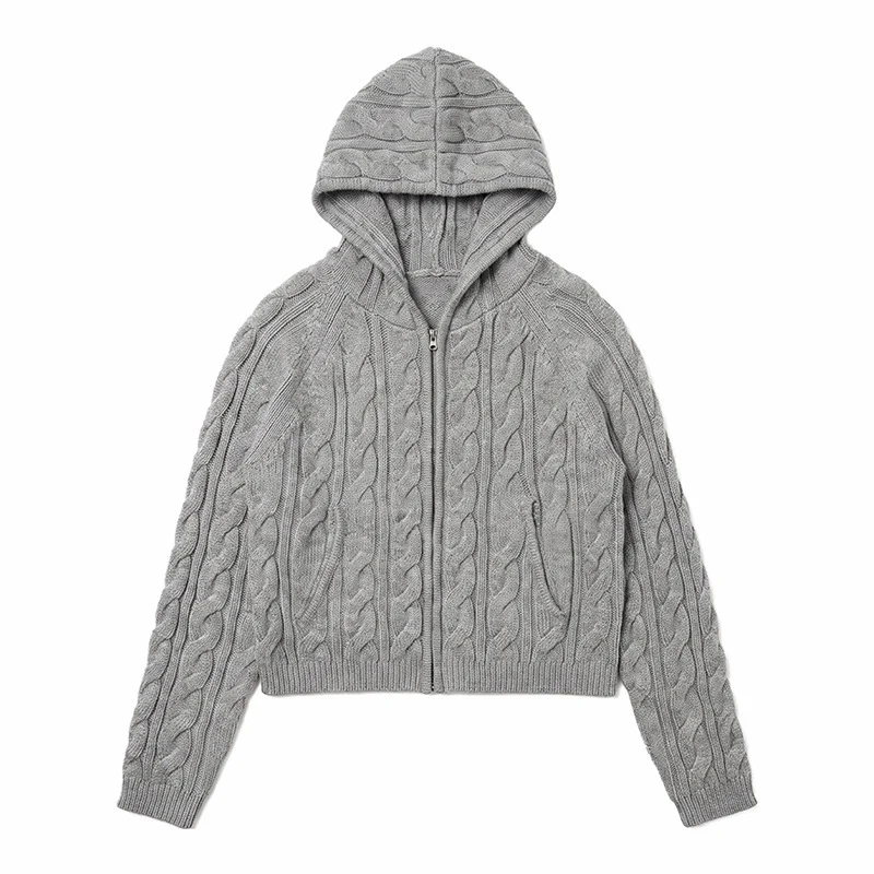 Damen Kapuzen-Zopfstrick-Cardigan mit Reißverschluss und Raglanärmeln Nord Taschen