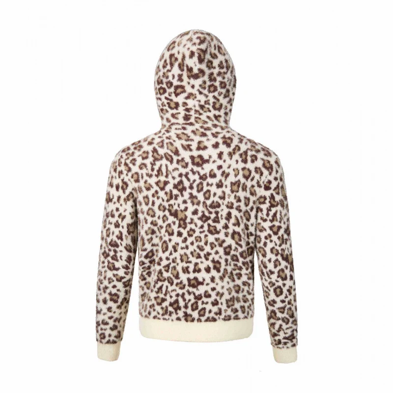 Damen Kapuzen-Fleecejacke aus Teddystoff mit Leopardenmuster und Reißverschluss Nord Taschen