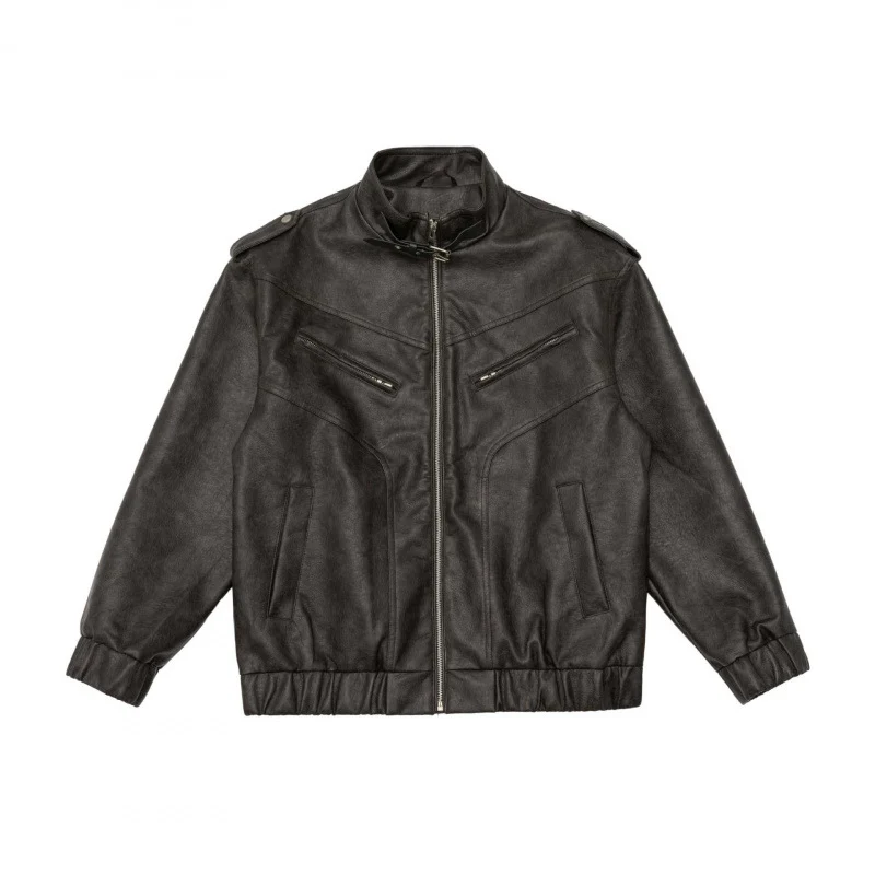 Herren Boxy Kunstleder-Blouson mit Stehkragen, Schulterklappen und elastischem Saum Nord Taschen