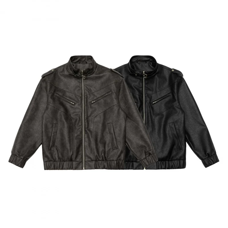 Herren Boxy Kunstleder-Blouson mit Stehkragen, Schulterklappen und elastischem Saum Nord Taschen
