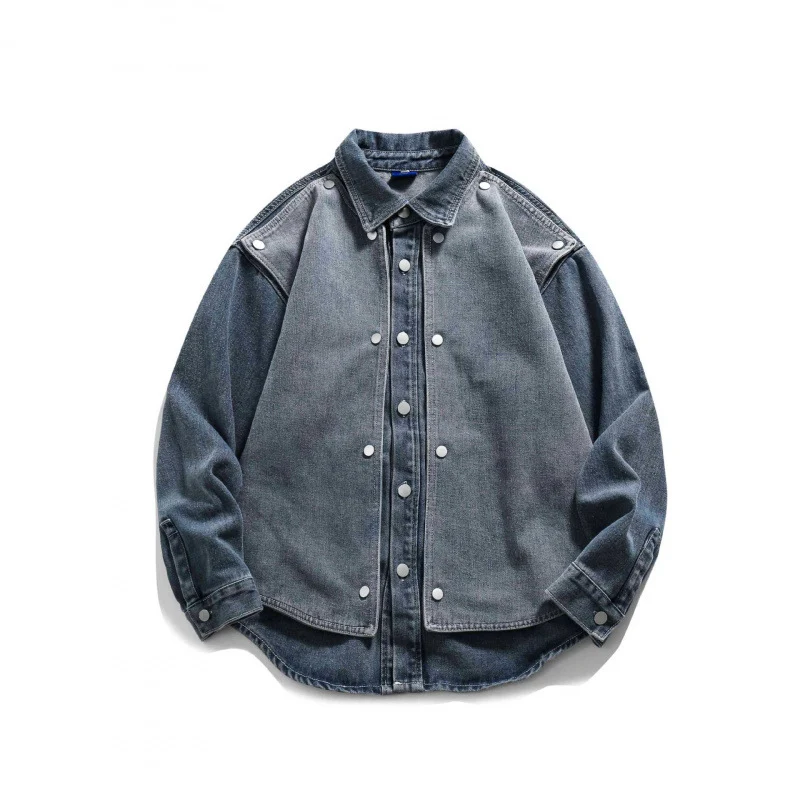 Herren Boxy Jeans-Workshirt mit Druckknopfleiste, Raglanärmeln und abgerundetem Saum Nord Taschen