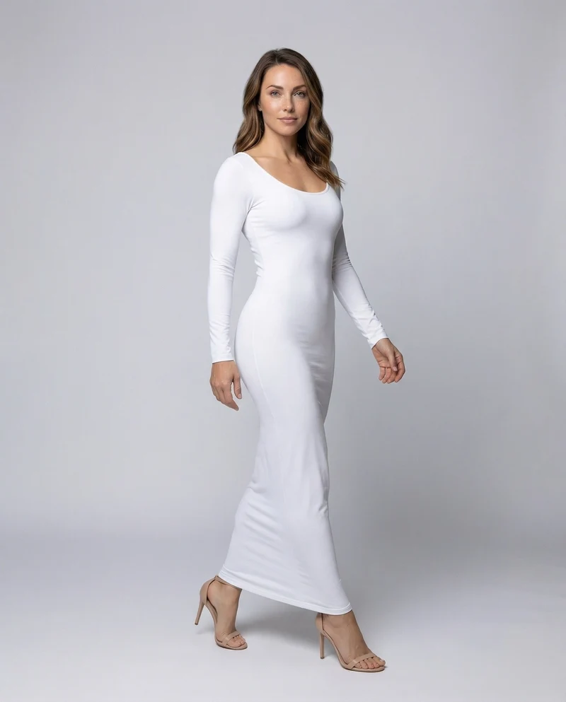 Damen Maxikleid Rundhalsausschnitt Langarm